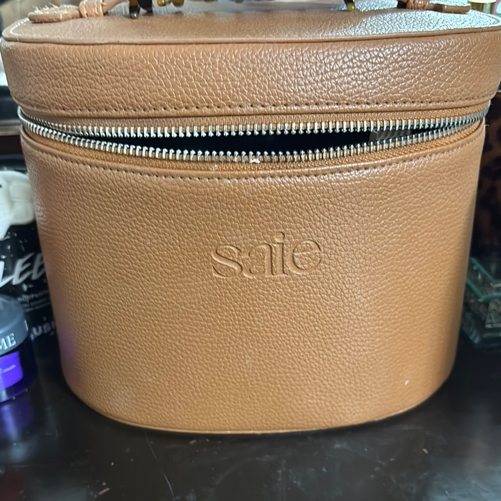 Saie Tan Cosmetic Bag with Textured Leather and Metallic Zipper